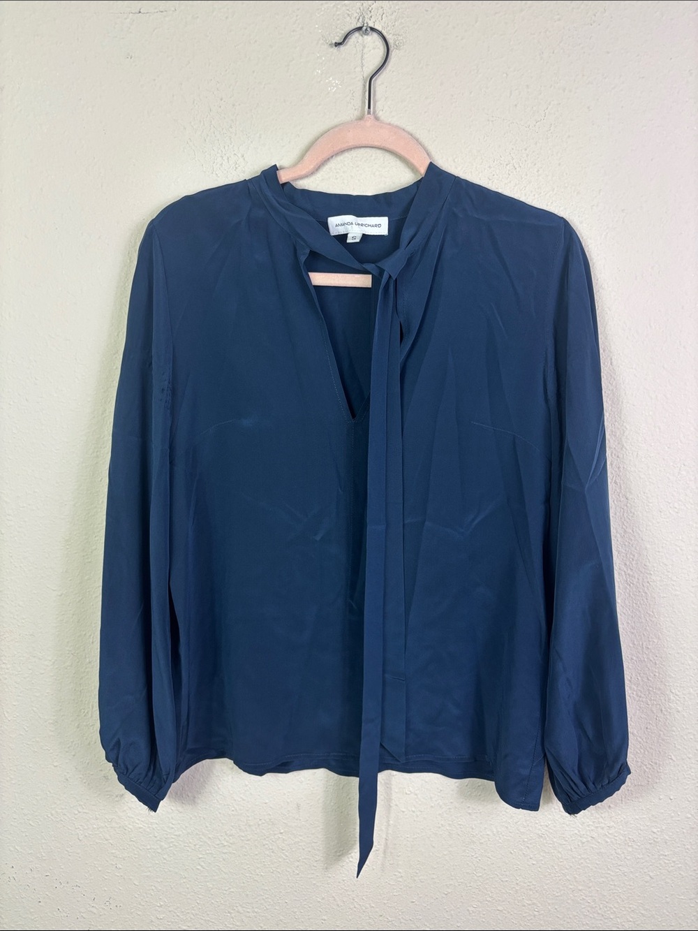 Amanda Uprichard 100% Silk Navy Blue Tie Neck Blouse size Small
